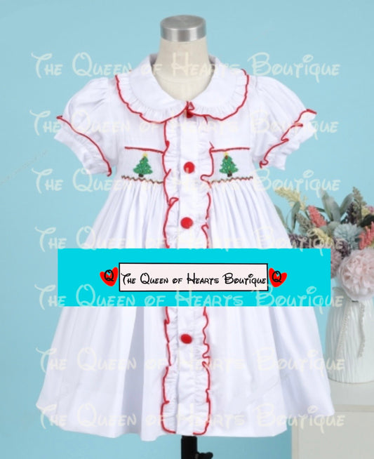 Christmas Tree Button Down Smocked Dress