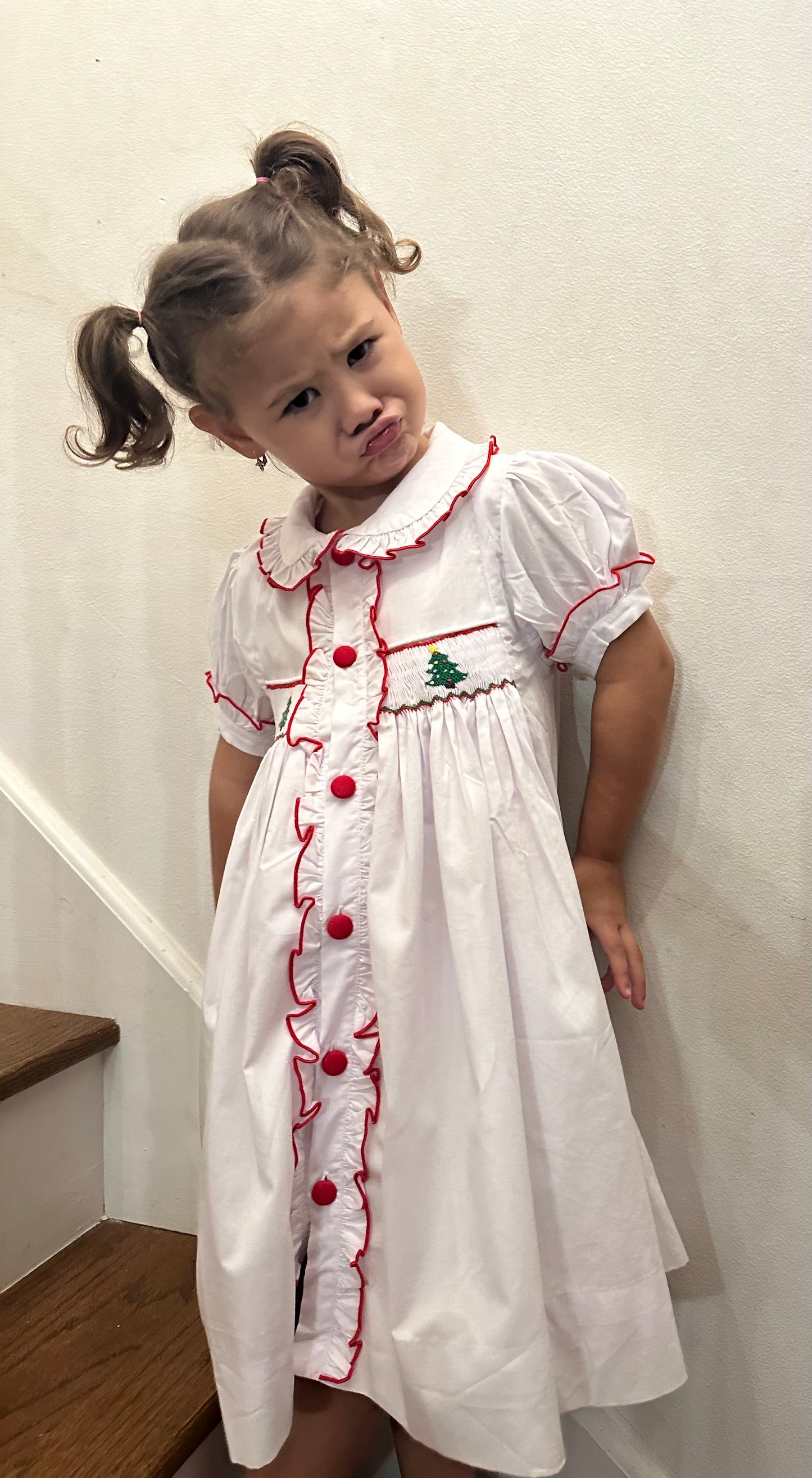 Christmas Tree Button Down Smocked Dress